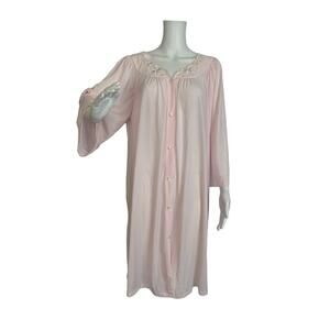 VTG Miss Elaine Classics Womens Robe XL Pink 3/4 Sleeves Pearl Buttons Flowers